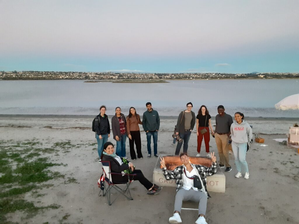 The San Diego team around the beach bonfire